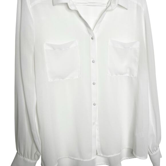 BE COOL Sheer Button Down Shirt Blouse Long Sleeve Cuffed Pockets White Size L - Picture 2 of 8